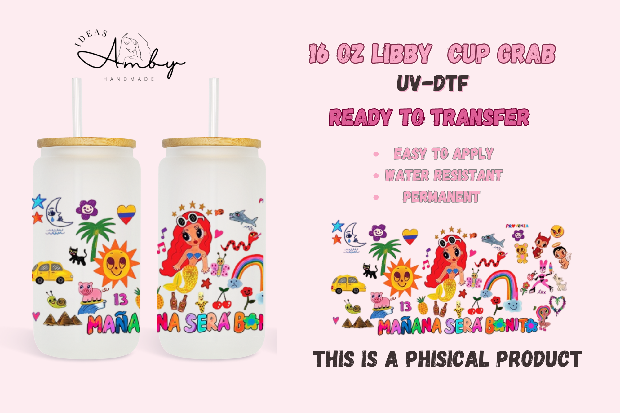 Karol G and Pink and White Flowers UV DTF Cup Wraps 16 OZ Libbey Glass Can  Ready to Ship